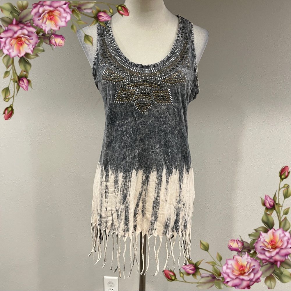 Maurices Gray and Cream Tie-Dye Fringe Tank with Beaded Detail